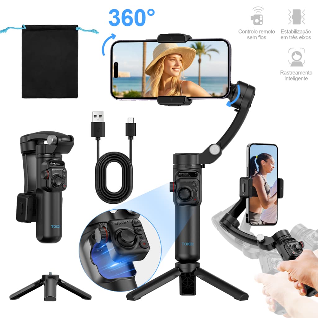 Estabilizador de Celular Portátil Gimbal Rastreamento Facial IA Tripé Dobrável Profissional Vídeos, 3-Axis Phone Gimbal