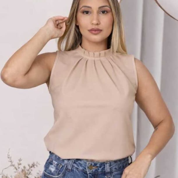 Blusa regata Feminina Gola alta com botão na costas Elegante e Leve para Verão Moda Casual ou Social