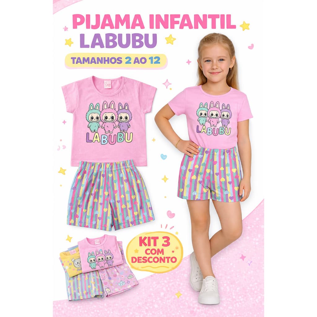 Kit 3 Conjunto Pijama Infantil Menina Verão Tamanho 2 ao 12