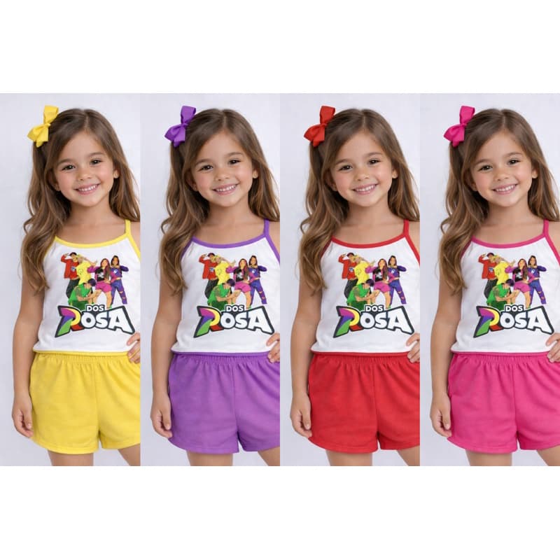 Pijama Infantil Feminino Baby Doll Menina Conjunto Short e Blusa Estampado Confortável Emily Vick, grupo dos Rosa.