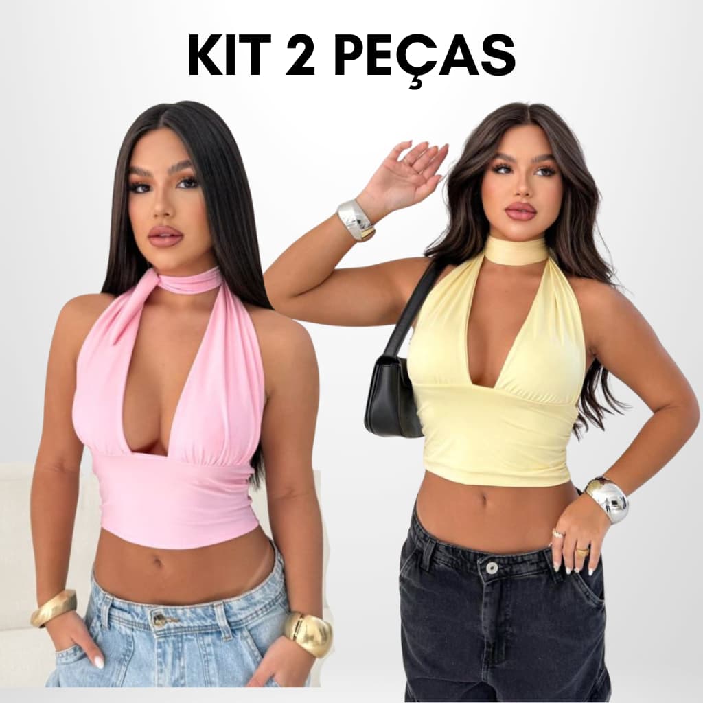 Kit 2 Cropped Top Frente Única Amarraçao Multiforma Moda Gringa Decotado Suplex Sexy Blogueira Festa