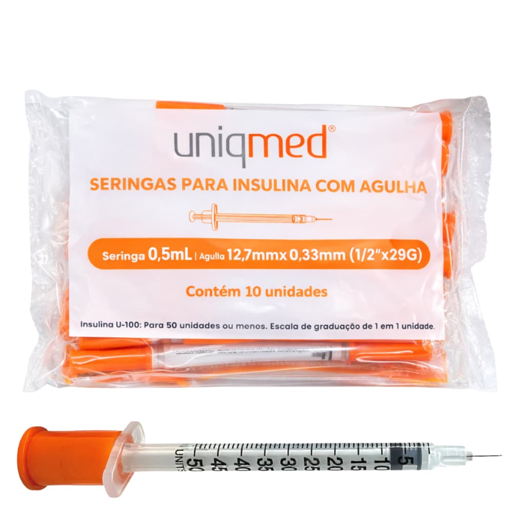 Seringa de Insulina 0,5ml com Agulha 12,7mm x 0,33mm Uniqmed - 10 Unidades de Seringa