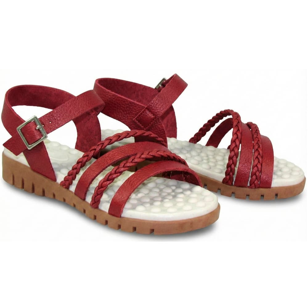 Sandália Feminina Ortopédica Casual Couro Rasteira Tira Trançada Sola Massageadora Fascite Anatômica