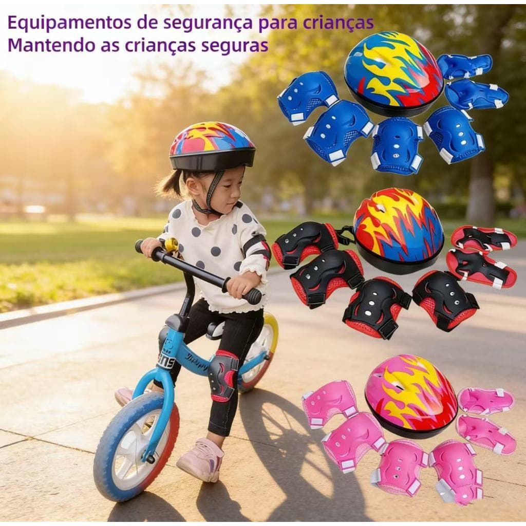 Kit Proteção Infantil 7 Peças Capacete Joelheira Cotoveleira Luvas - Bicicleta Patinete Skate Patins