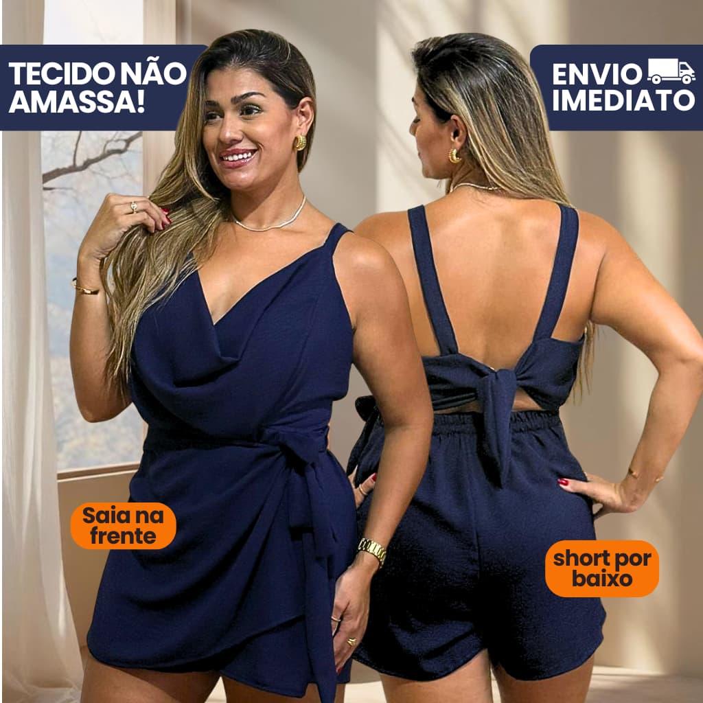 Macaquinho Plus Size Soltinho Modelo o Corpo Elegante Curto Decote V Shorts Saia