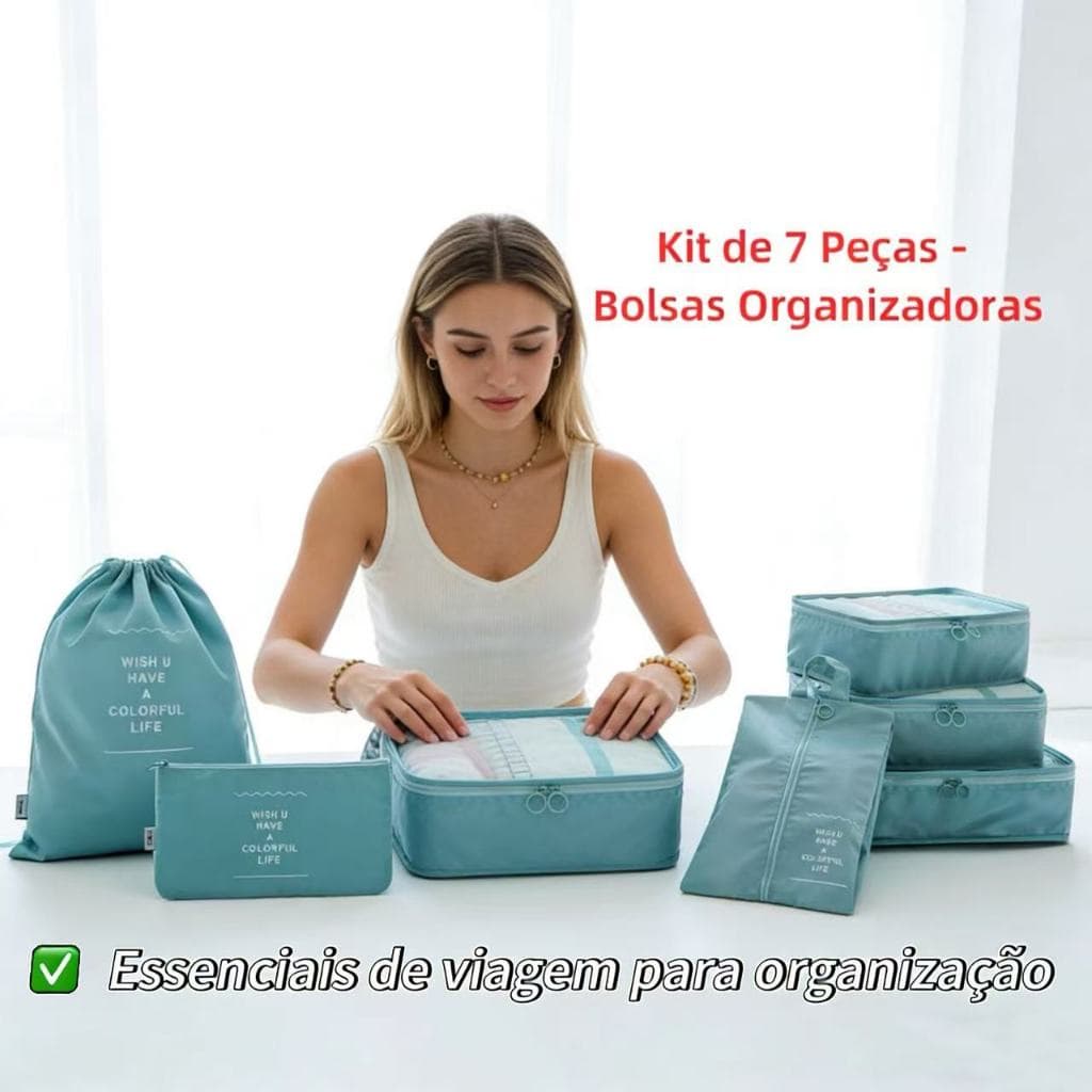 Kit de 7 Peças - Bolsas Organizadoras para Mala de Viagem, Roupas e Bagagem
