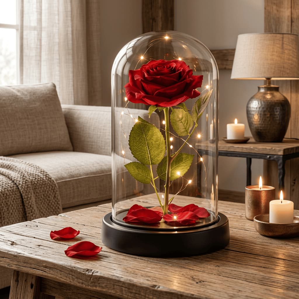 Flor Rosa Cupula Led Decorativa Encantada Iluminada