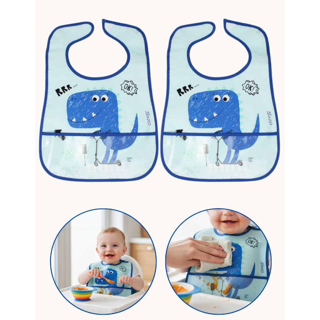 2 Babador Clingo Impermeáveis Infantil Menino Bolso Pega Migalhas Dino Dinossauro