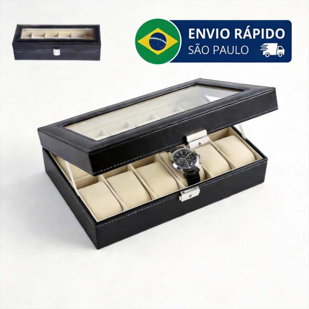 Caixa Porta Relógio Organizador Estojo 12 10 6 Lugares Couro Sintético Visor Transparente