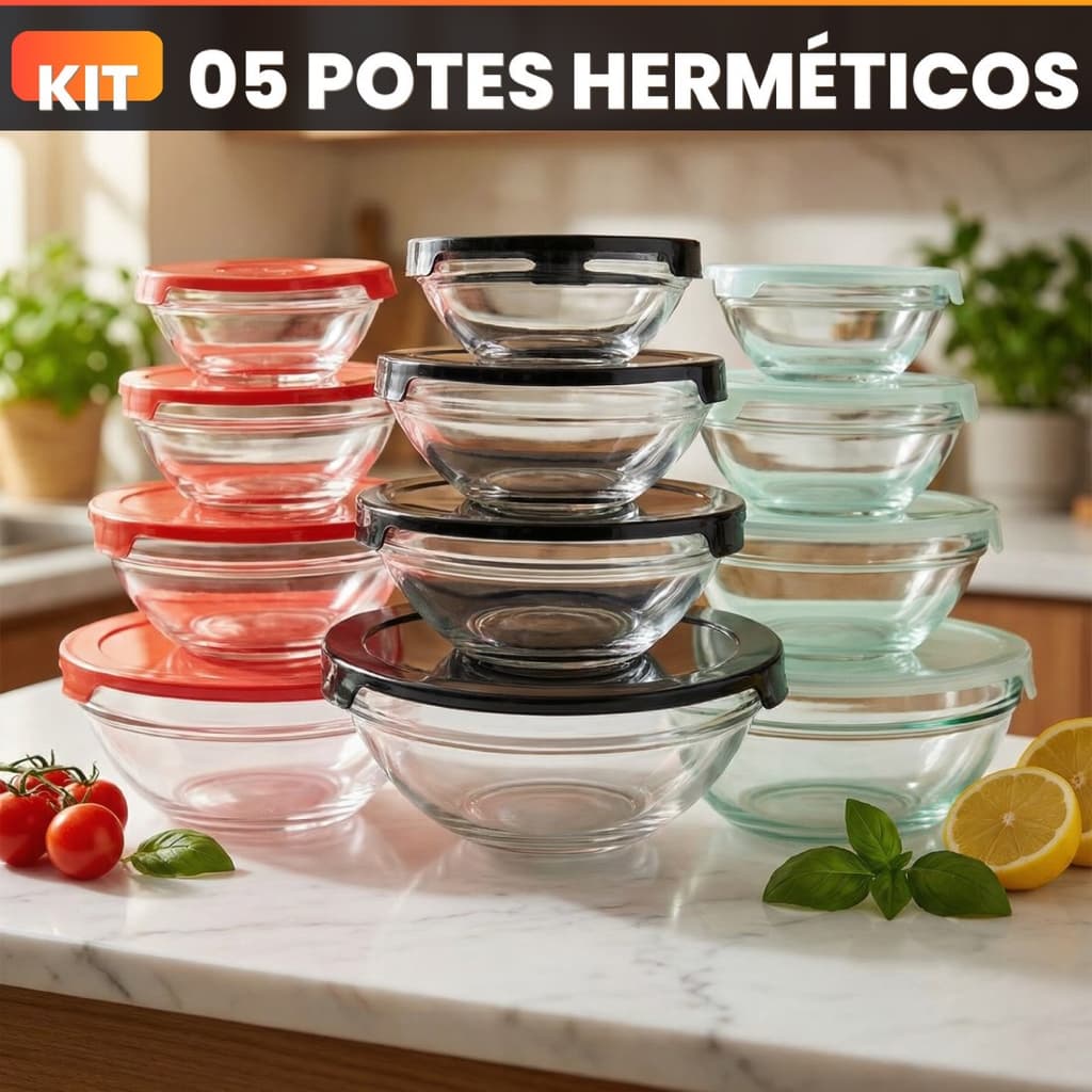 Conjunto Tigela Vidro Bowl Marmita Tampa 5 Peças Herméticos