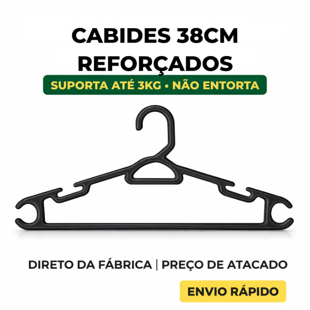 Cabide Adulto Preto Reforçado 38cm - Kit 10 a 100 Unidades - Organizar Roupas Direto da Fábrica