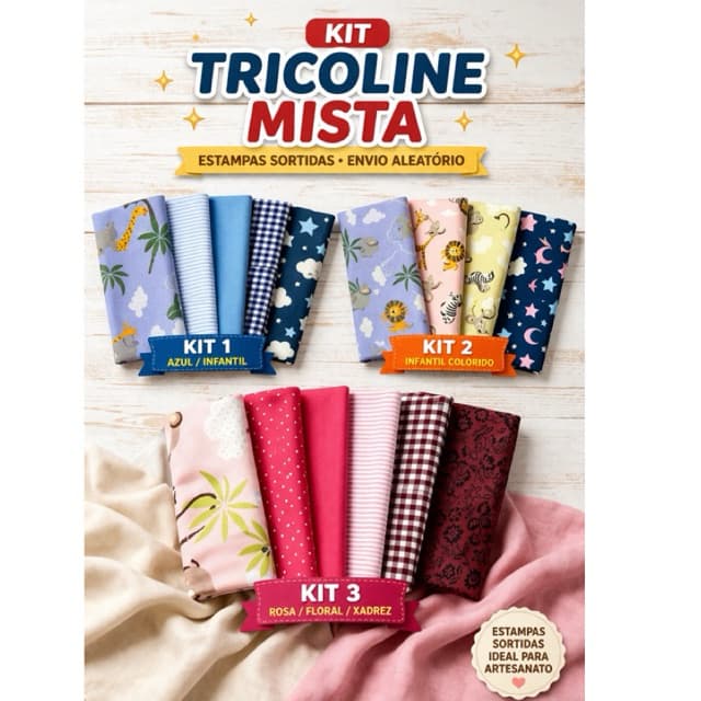 Kit Retalhos Tricoline Mista 20x50cm – 5 ou 10 Peças | Tecido Estampado para Artesanato e Costura