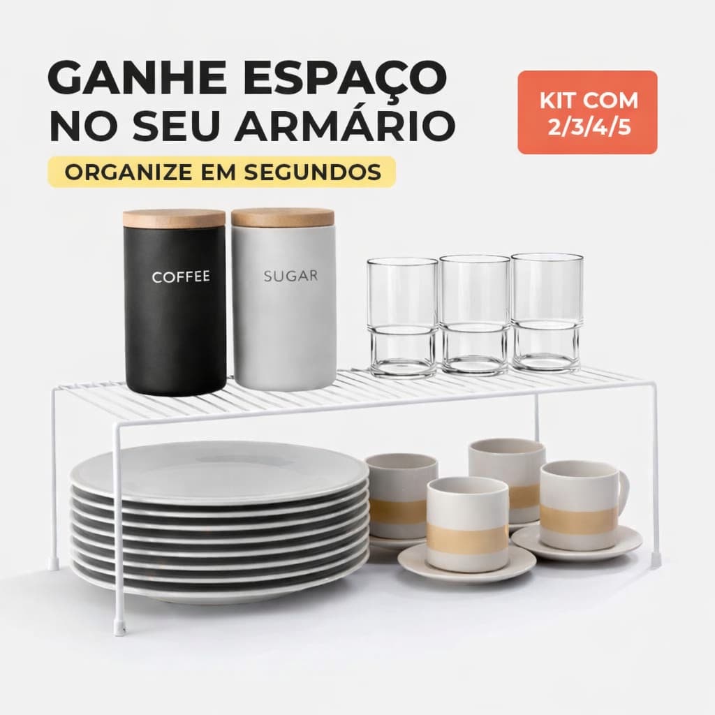 Kit Organizador de Armário Cozinha Prateleira Suspensa Multiuso Suporte Porta Pratos Copos Branco