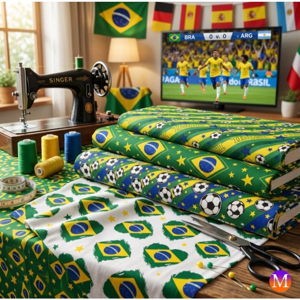 Tecido Tricoline 100% Algodão; 1,50mt Largura l Estampas Brasil copa Do Mundo | Artesanato | Patchwork