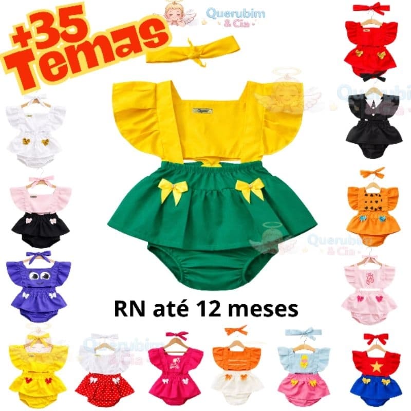Jardineira Romper Body Tematico Mesversario Bebe Menina Vestidinho Ensaio Personagens Festa Fantasia RN a 12 meses