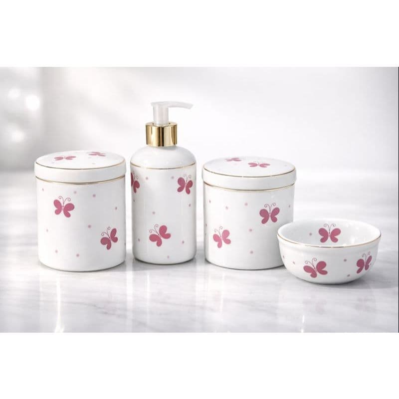 Kit Higiene Bebe Porcelana Borboleta Fio Ouro Organizador Premium Quarto Infantil Menino Menina