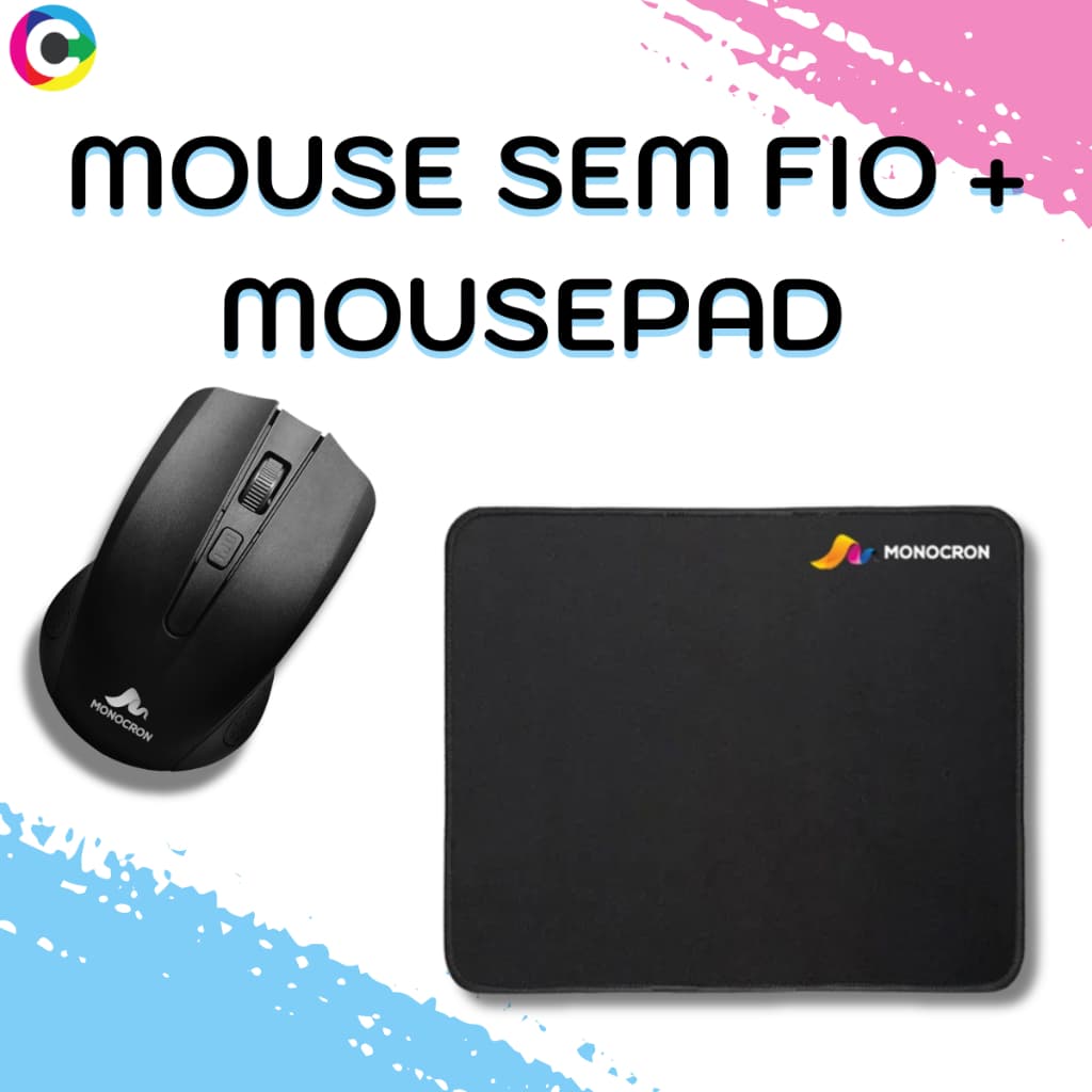 Kit Mouse Sem Fio 4 Botões + Mousepad Preto Wirelles 2.4GHz Conexão USB 10 Metros Alta Precisão