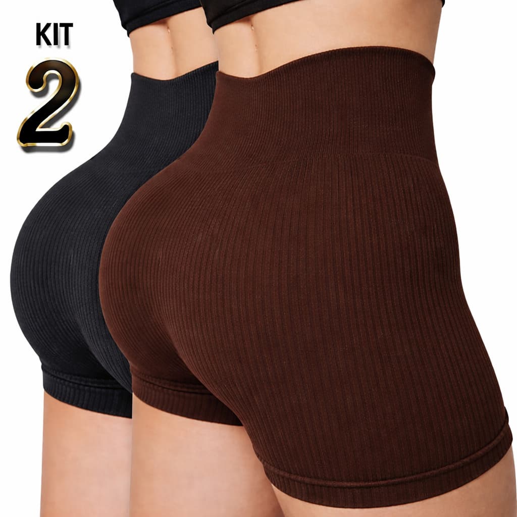 Kit 1/2/3 Short Feminino Fitness Cintura Alta Canelado Secagem Rápida Zero Transparente Esportivo