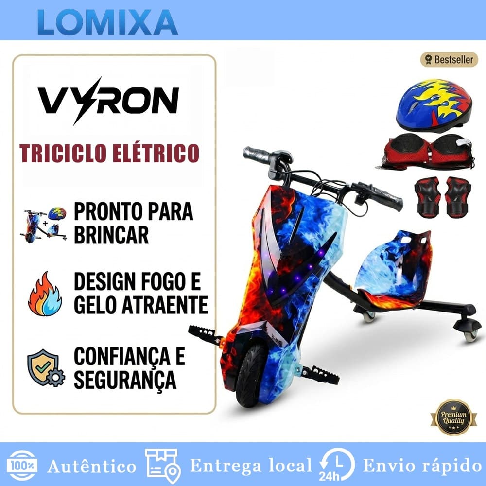 VYRON Triciclo Elétrico Drift 2 Lugares 250W Bluetooth LED Scooter 6,5” e 8” Infantil Para Crianças e Adultos