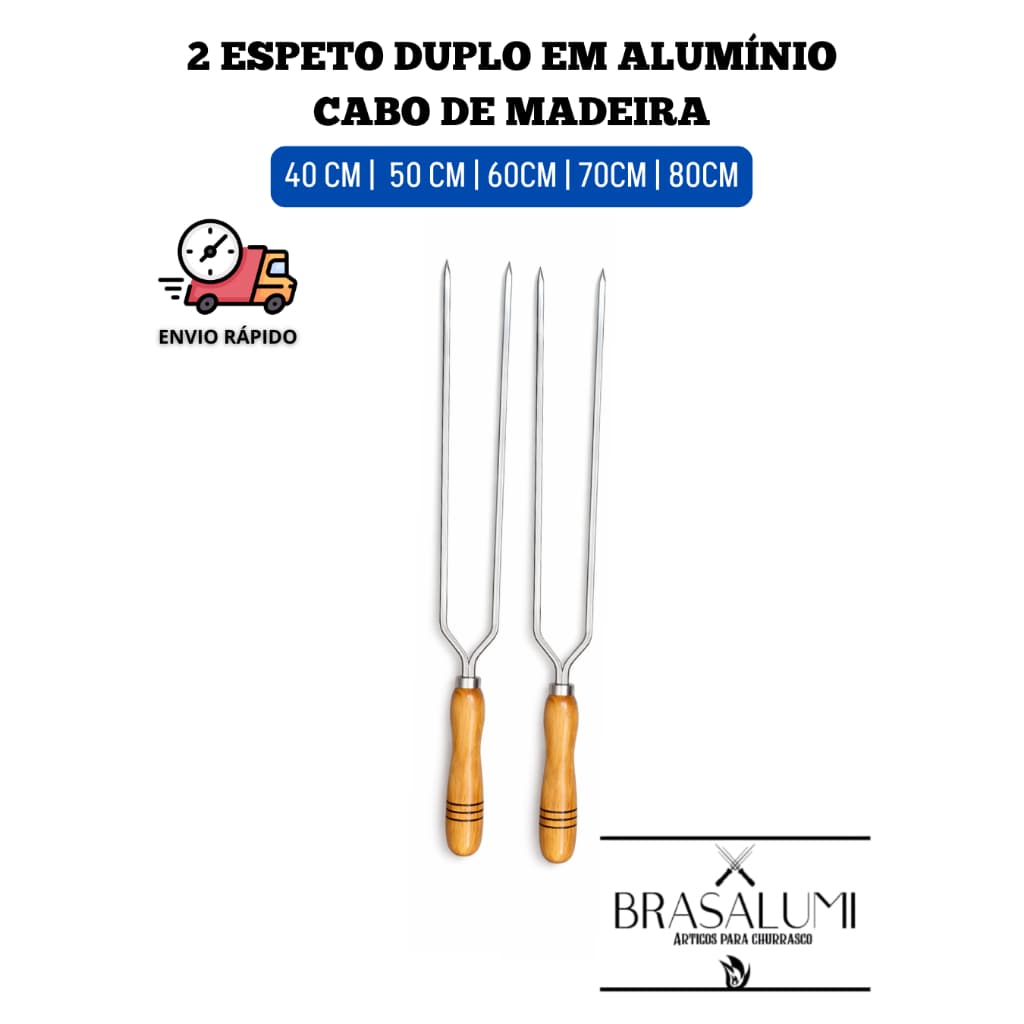 KIT 2 ESPETOS DUPLOS CABO DE MADEIRA (40 CM A 80CM)