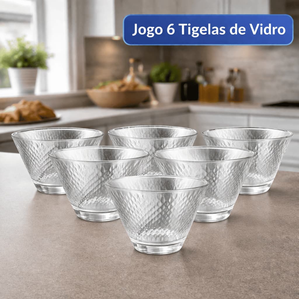 Kit 6 Tigelas de Vidro Resistente Texturizado Bowl Multiuso Sobremesa Frutas e Porções