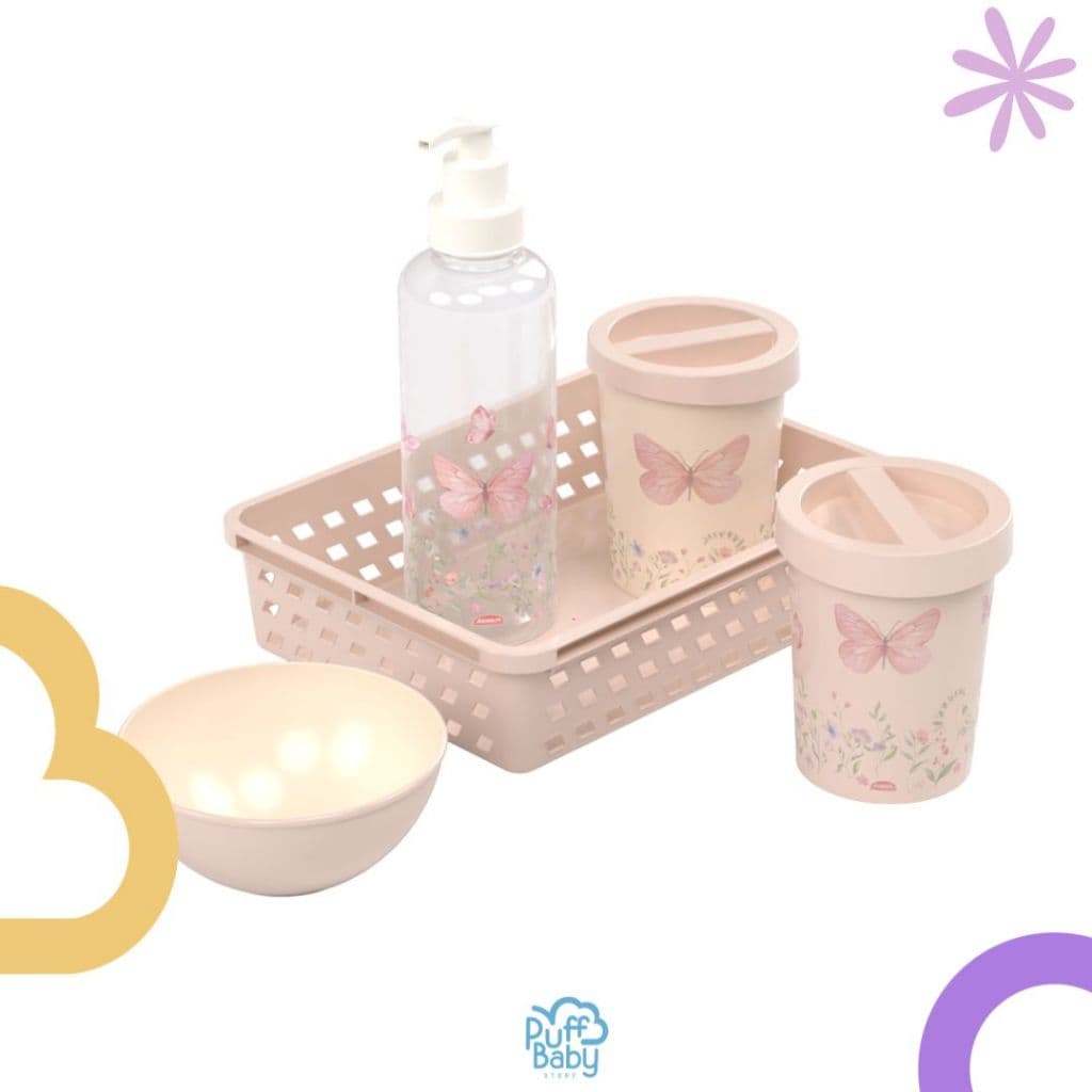 KIT HIGIENE COM ORGANIZADOR PORTA ALGODAO E COTONETE E SABONETEIRA COM PUMP CUIDADO MENINO MENINA