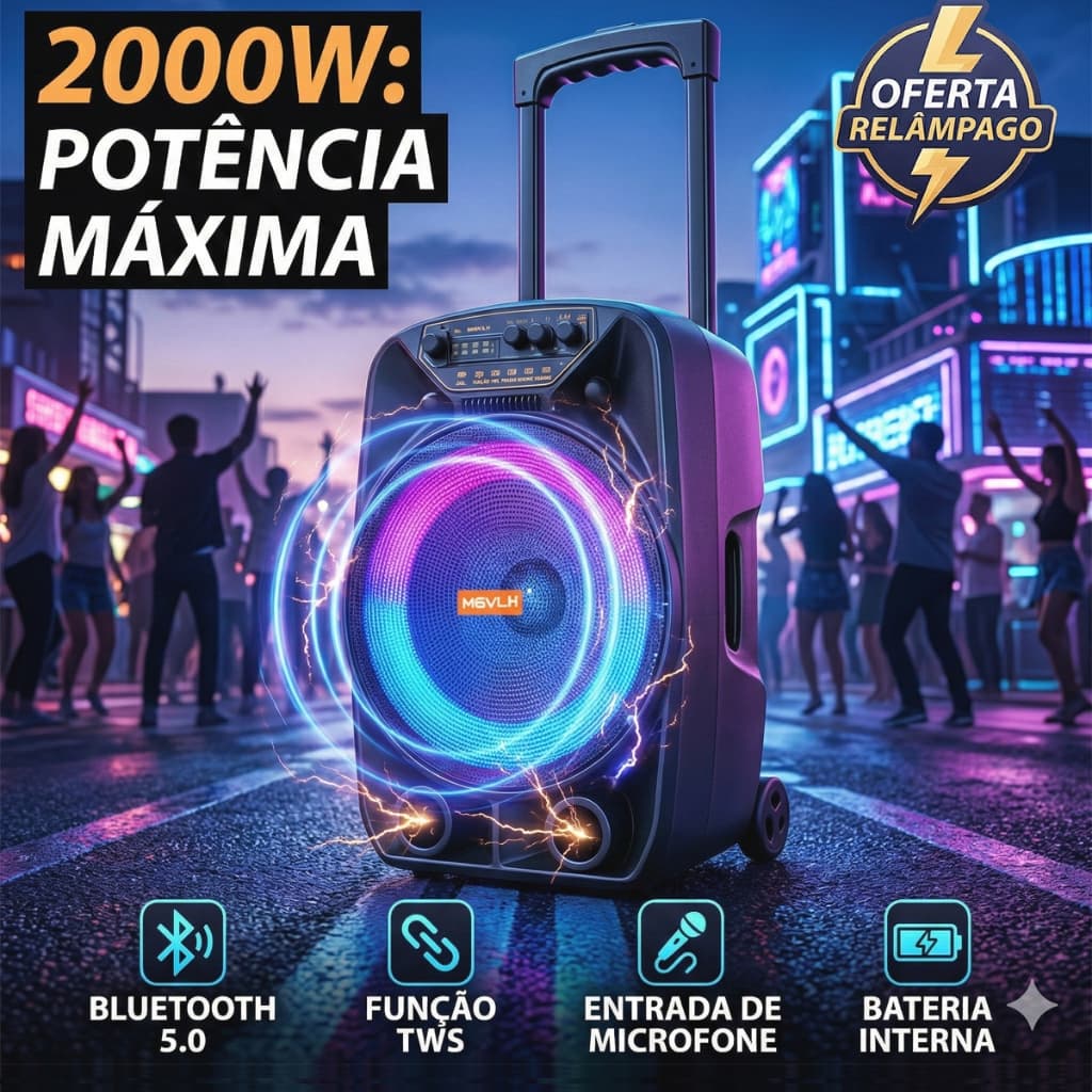 Caixa de Som 2000W Bluetooth Amplificada Portátil Alça Grande com LED