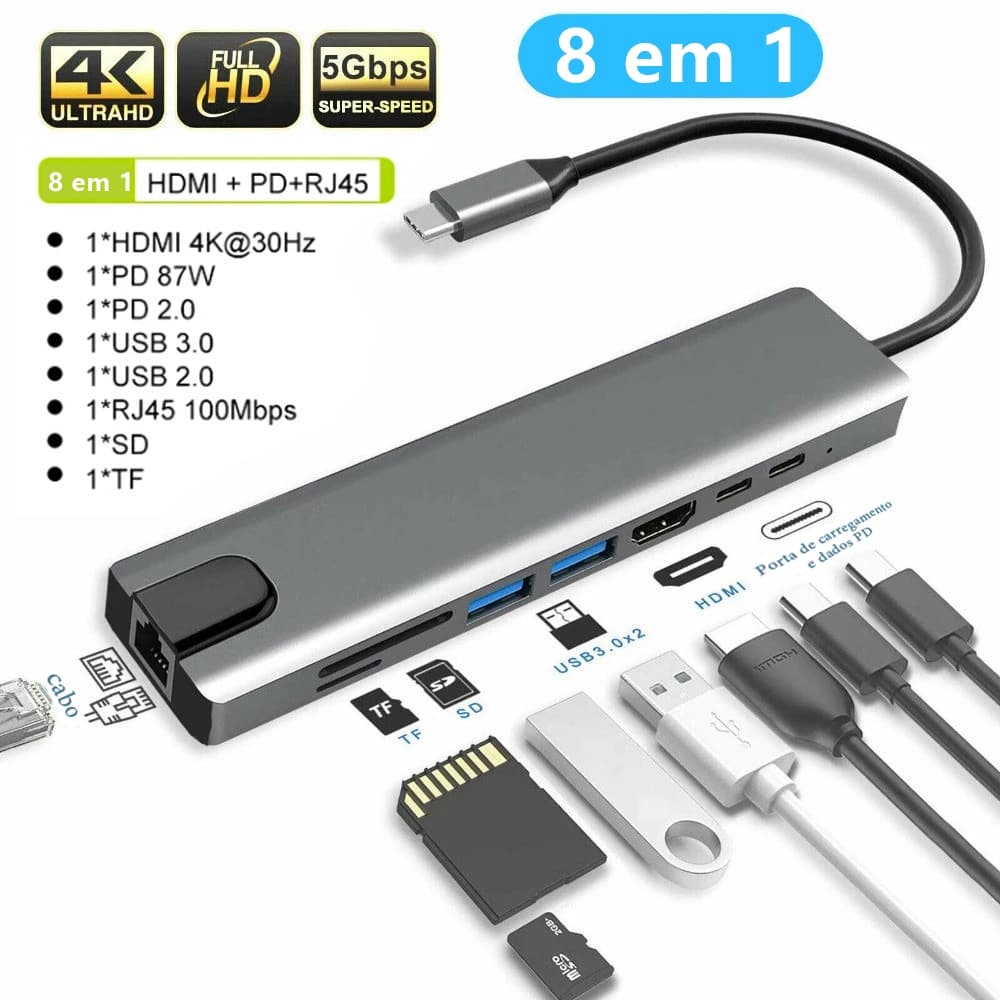 HUB 8 em 1 7 em 2 Tipo C RJ45 USB HDTV 4K 30Hz HDMI USB 3.0 SD TF Cartão Slot Leitor de Dados USB-C