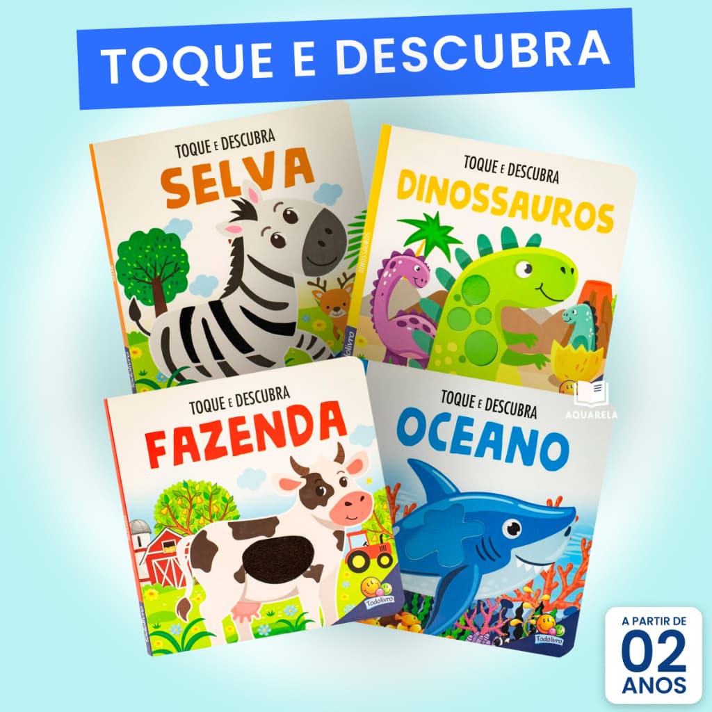 Livro Sensorial Toque e Descubra Fazenda Dinossauro Animais Selva com Textura para Bebê Cartonado