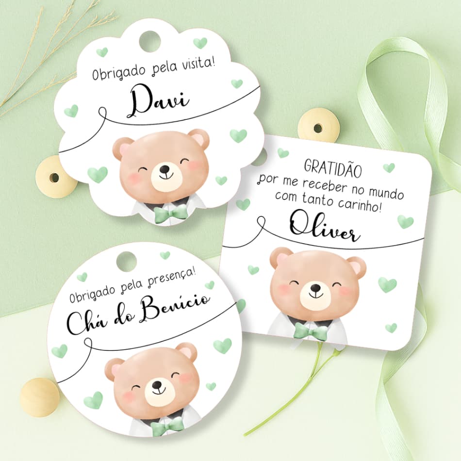 Tag Agradecimento Ursinho Verde - Lembrancinha Saída Maternidade Menino Chá de Bebê Urso