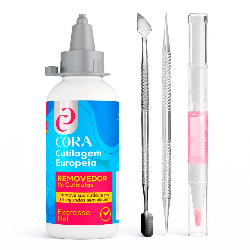 Kit Removedor De Cutícula Expresso 15 seg Gel Cora + Espátula Dupla + Palito Ponta Dupla Bella Inox