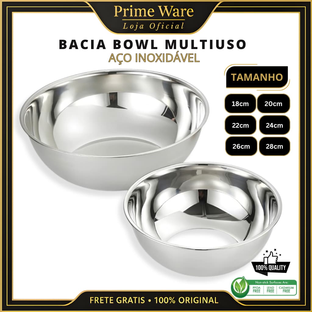 Bacia Bowl de Aço Inox Multiuso para Frutas Legumes e Alimentos Resistente Antiaderente para Cozinha