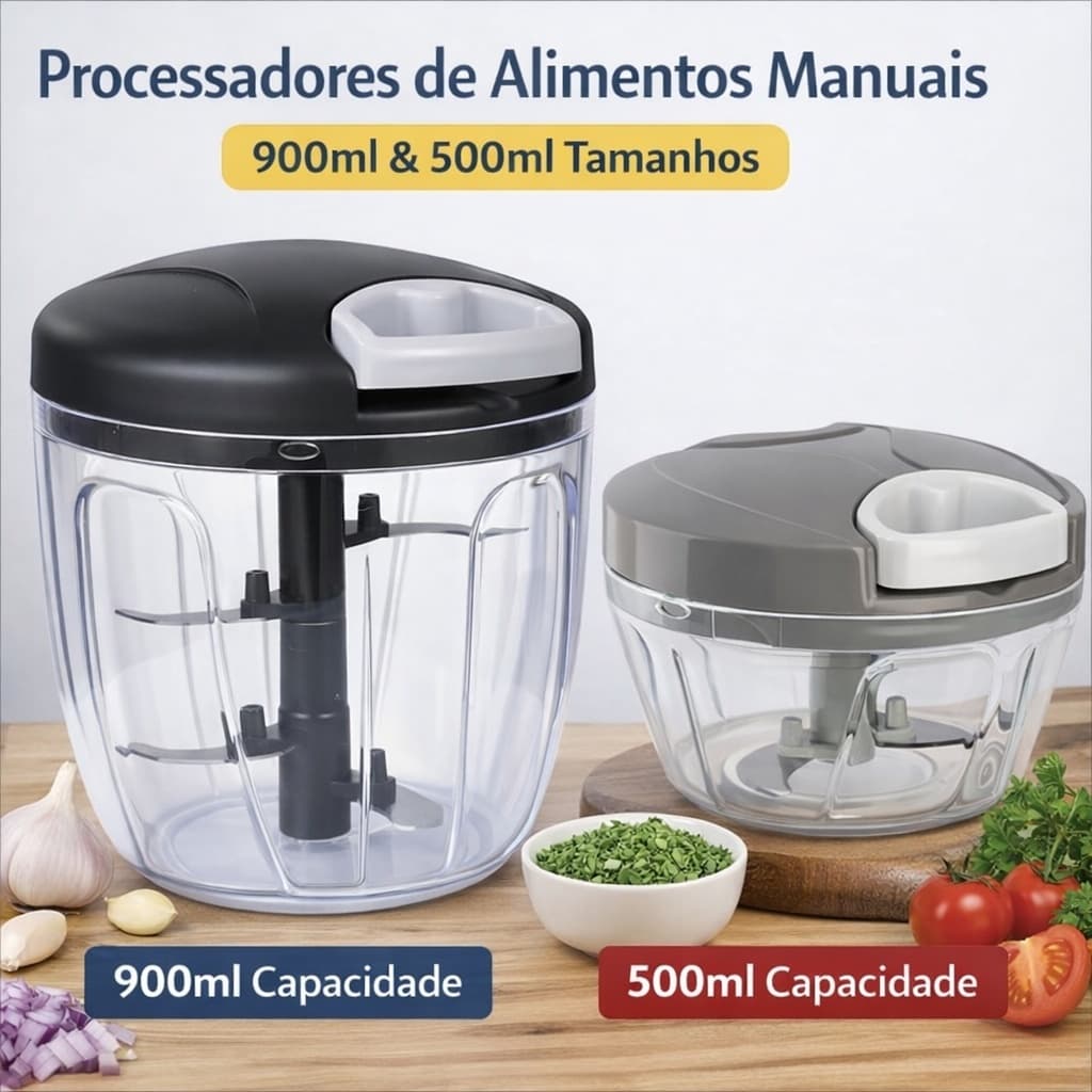 Mini Processador Manual 500ml ou 900ml Picador Triturador de Alimentos 3 ou 5 Lâminas Inoxminas Inox