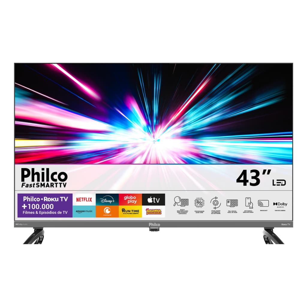 Smart TV 43” Philco P43KRA Roku TV HDR10 Wi-Fi HDMI USB Controle com Apps Netflix YouTube Globoplay Full HD Design Slim
