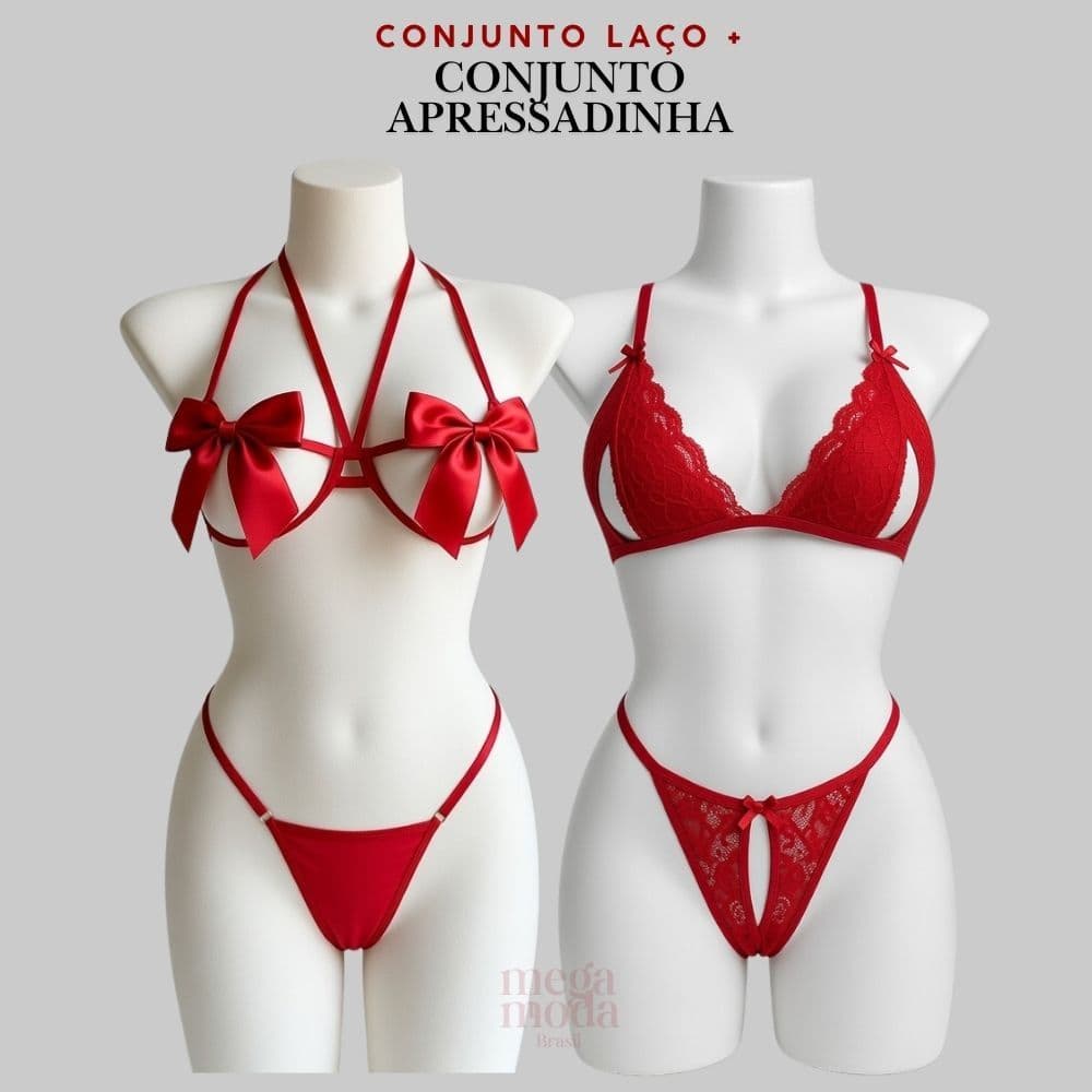 Kit Conjunto Laço Laçarote e Conjunto Apressadinha Sexy Renda Abertura Sutiã + Calcinha Fio Dental