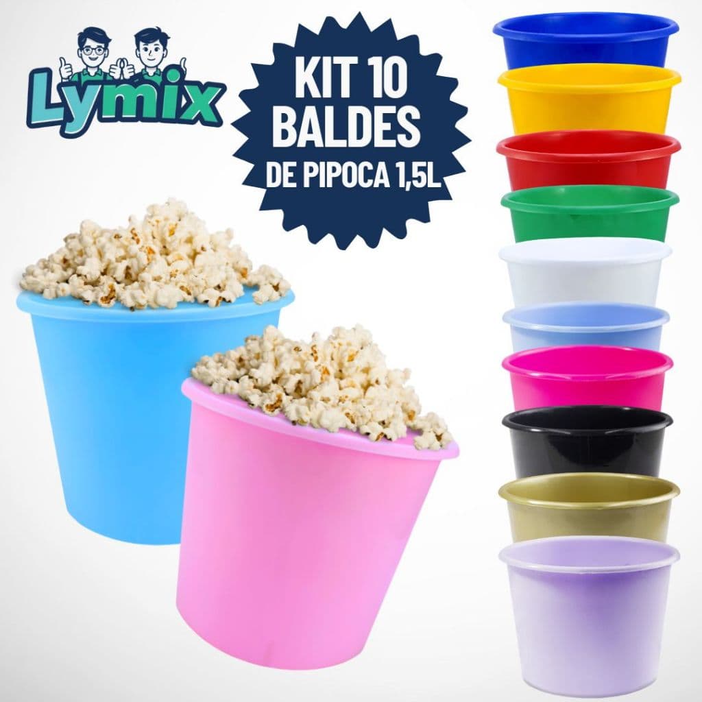 KIT 10 BALDES DE PIPOCA 1,5L PP PARA PERSONALIZAR E ADESIVAR FESTA/ VARIAS CORES E TEMAS