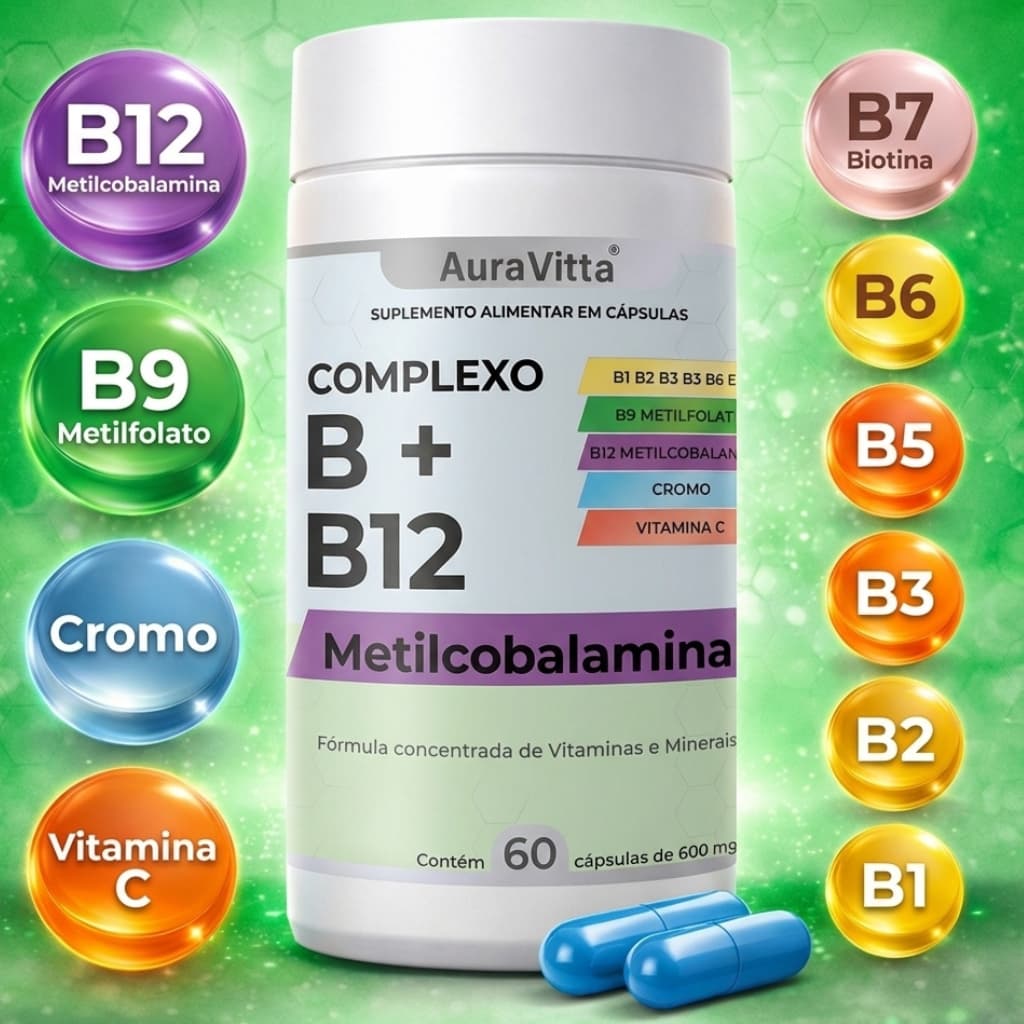 Complexo B, B12 Metilcobalamina, B9 Metilfolato Vitamina C AuraVitta | 60 Cáps, Concentrado Original
