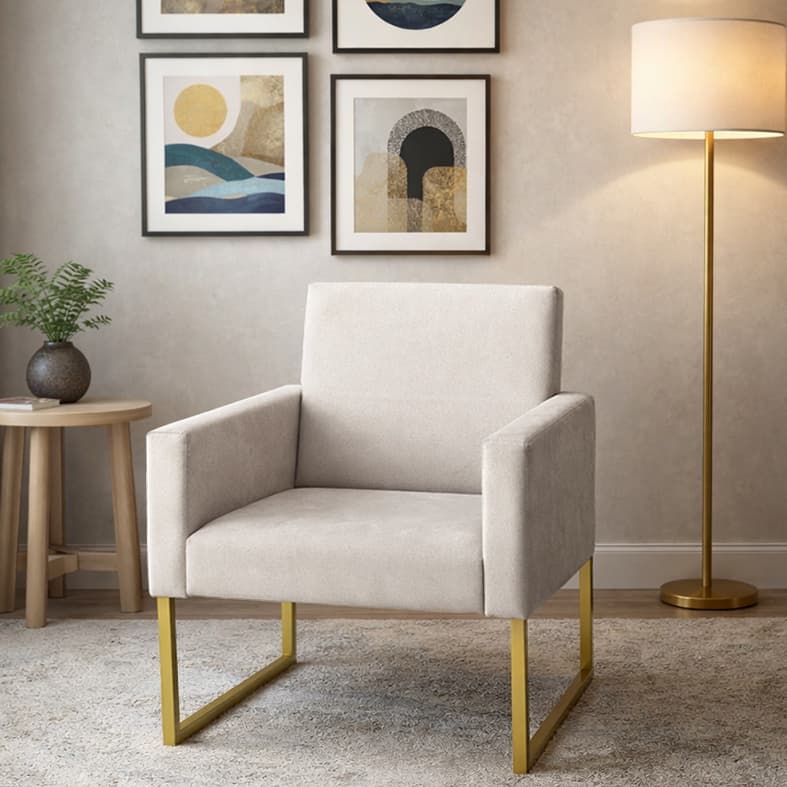 Poltrona Nina Base de Ferro Industrial Dourado - LR DECOR