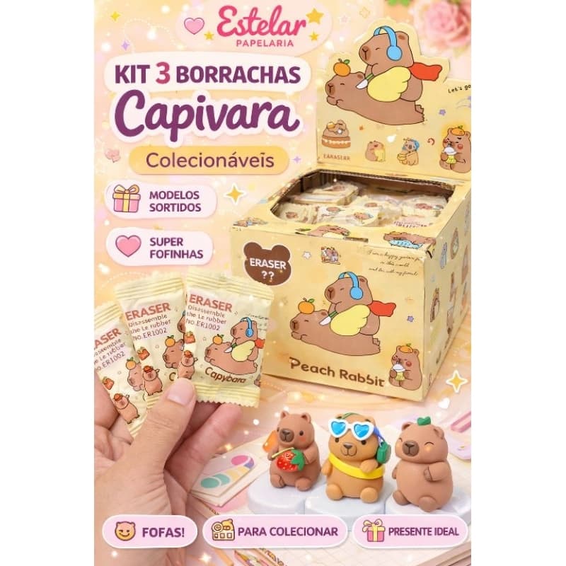 Kit 3 Borrachas Capivara Surpresa - Colecionáveis kawaii