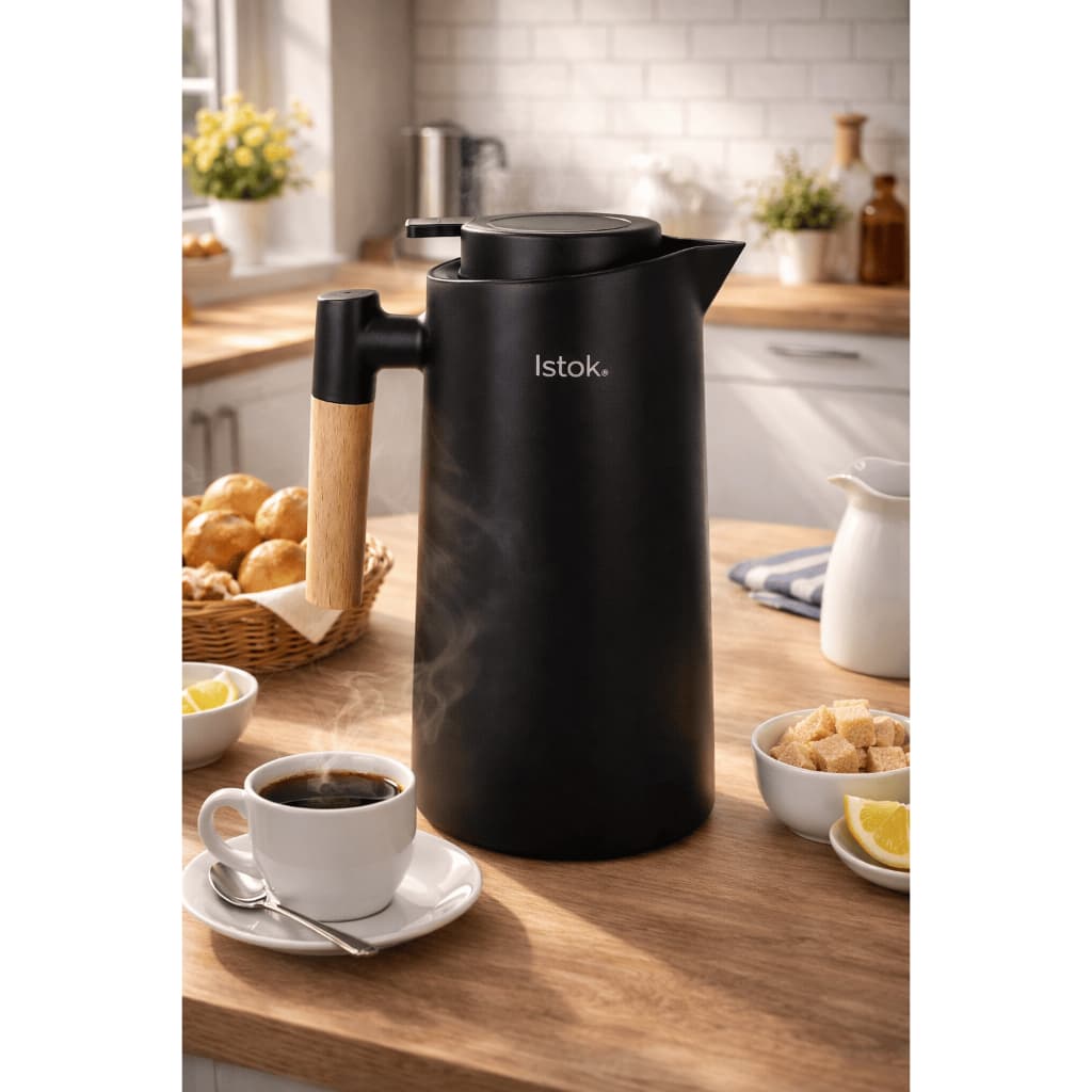 Garrafa Térmica 1L Café Chá Alta Qualidade Design Elegante Com Cabo Madeira Cores Sortidas