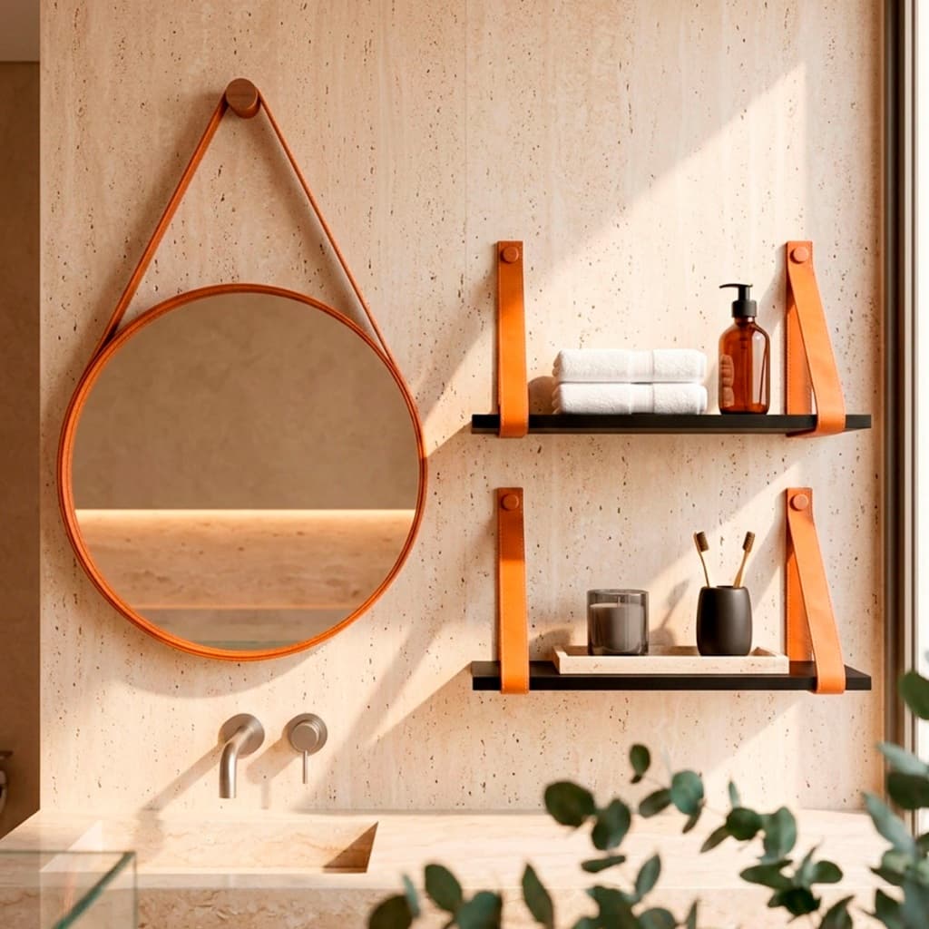 Kit Banheiro Espelho Redondo 60cm + Kit 2 Prateleiras Suspensa Com Alça Espelho Para Banheiro Quarto