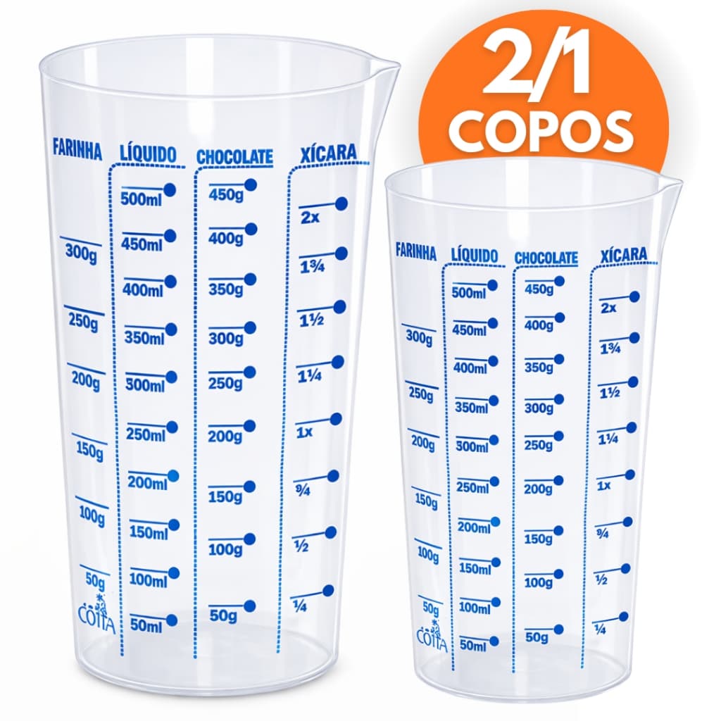 Kit 2/1 Copo Plástico Graduado Dosador Receitas Copo Medidor 500ML Cozinha Medidas Receita Graduado