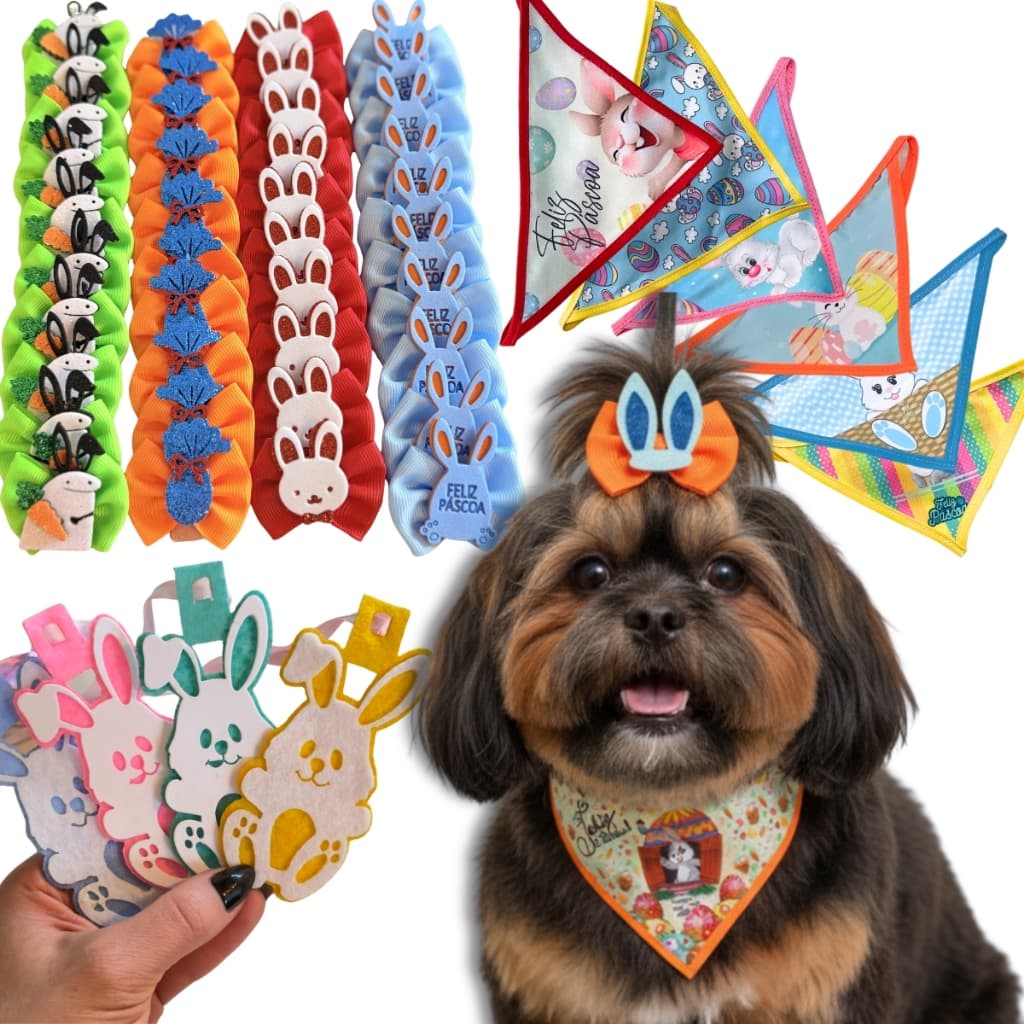 Kit Laços Pet Páscoa Lacinhos Gravatas Bandanas Gargantilhas Apliques Acessórios Banho e Tosa Cães