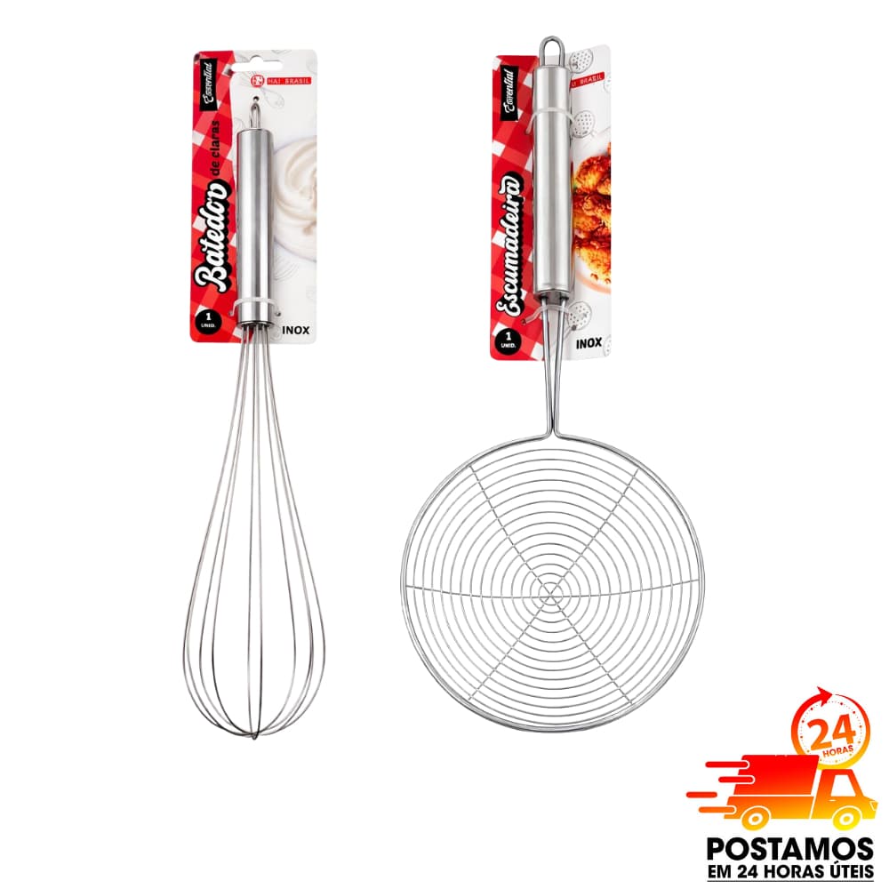 kit Escumadeira + Batedor de Claras Inox Utensílios Cozinha Resistente