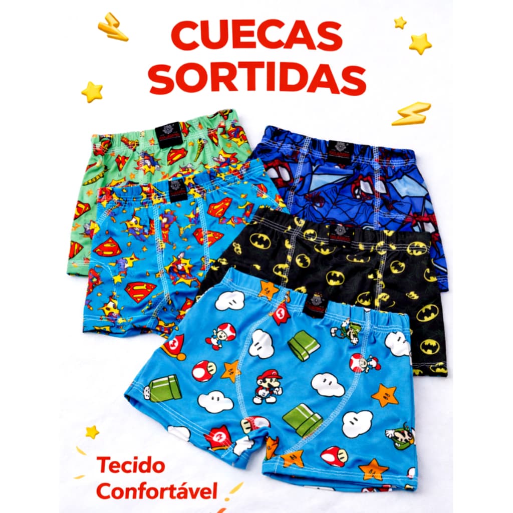 Cueca Boxer Box Infantil Menino estampada confortável desenhos animados P M G GG