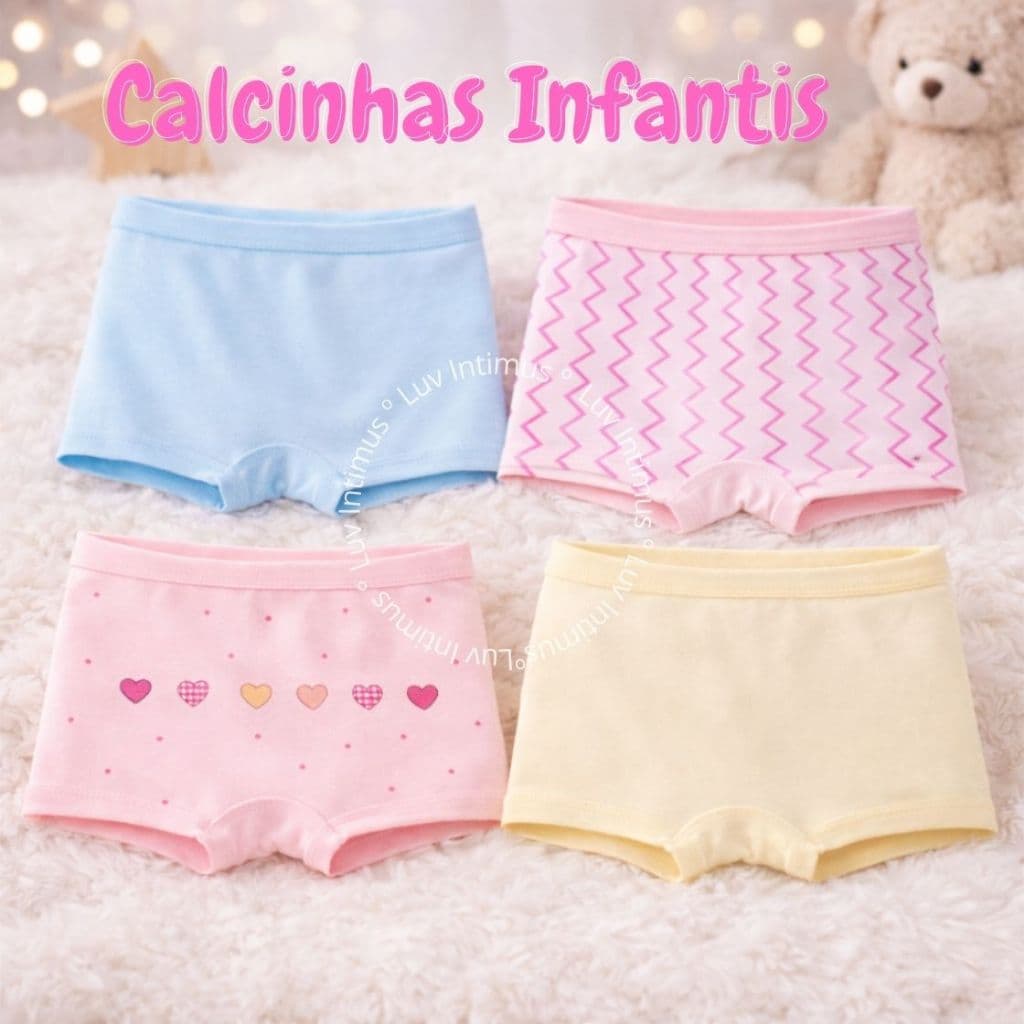 Kit 8,5 ou 3 Calcinhas Boxer Infantil Algodão Premium Menina 2 a 10 Anos