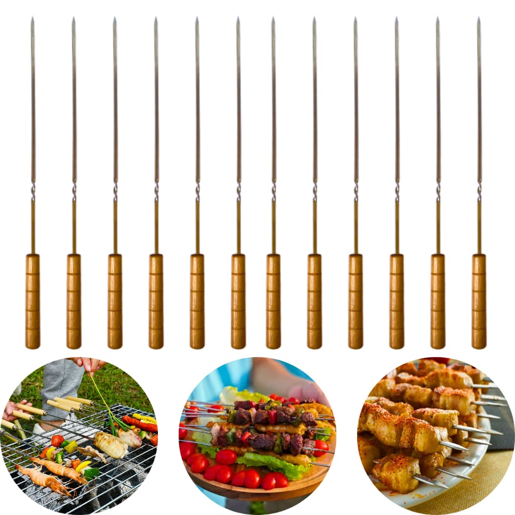 Espeto Churrasco Cozinha Reutilizável Aço Metal Cabo Madeira 40cm Kit 12 Peças
