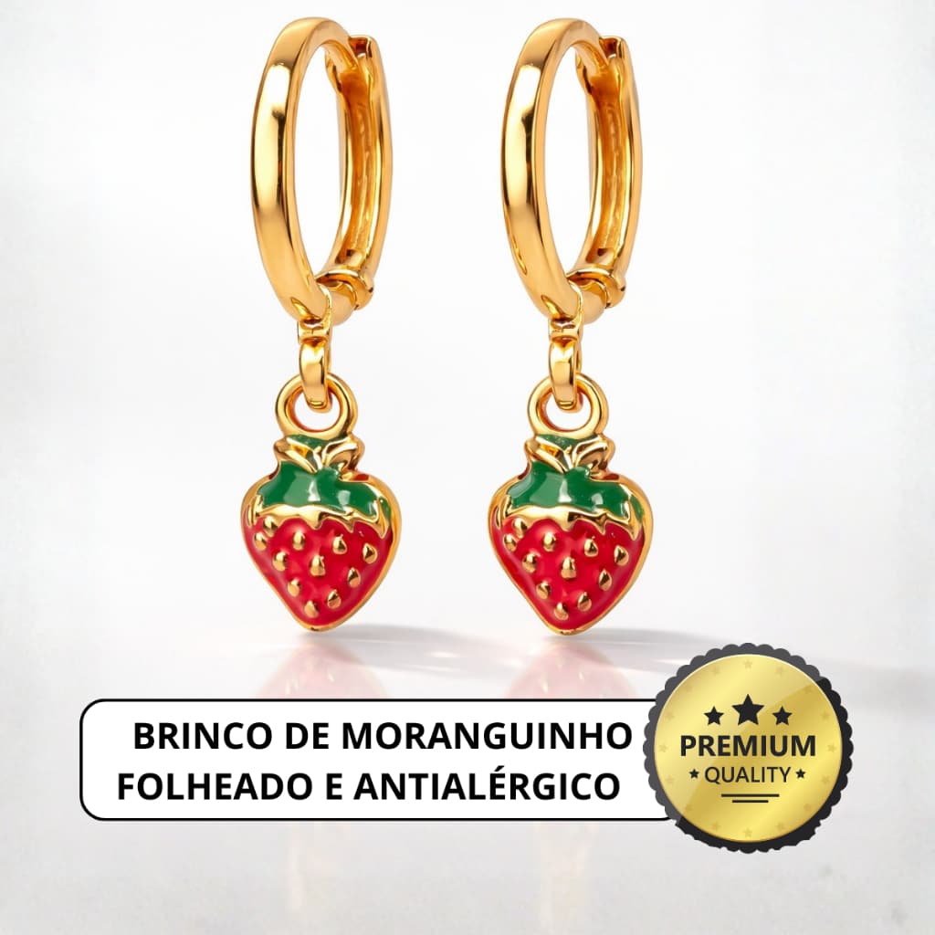 Brinco infantil Argolinha Morango Moranguinho Folheado a Ouro 18k Antialérgico Criança com Garantia