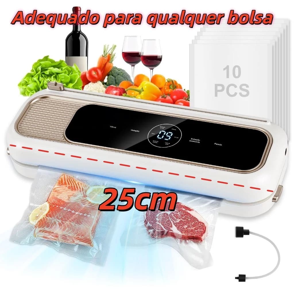 25cm Seladora A Vácuo Embalagens 90kpa Alimentos Portátil,10sacos 110v/220v Creme Bivolt