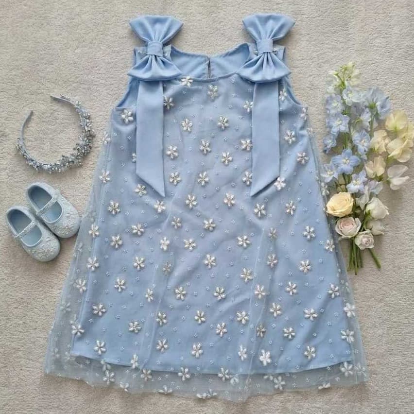 vestido infantil tule Lovely Girl reto solto confortável laços nos ombros estilo primavera verão